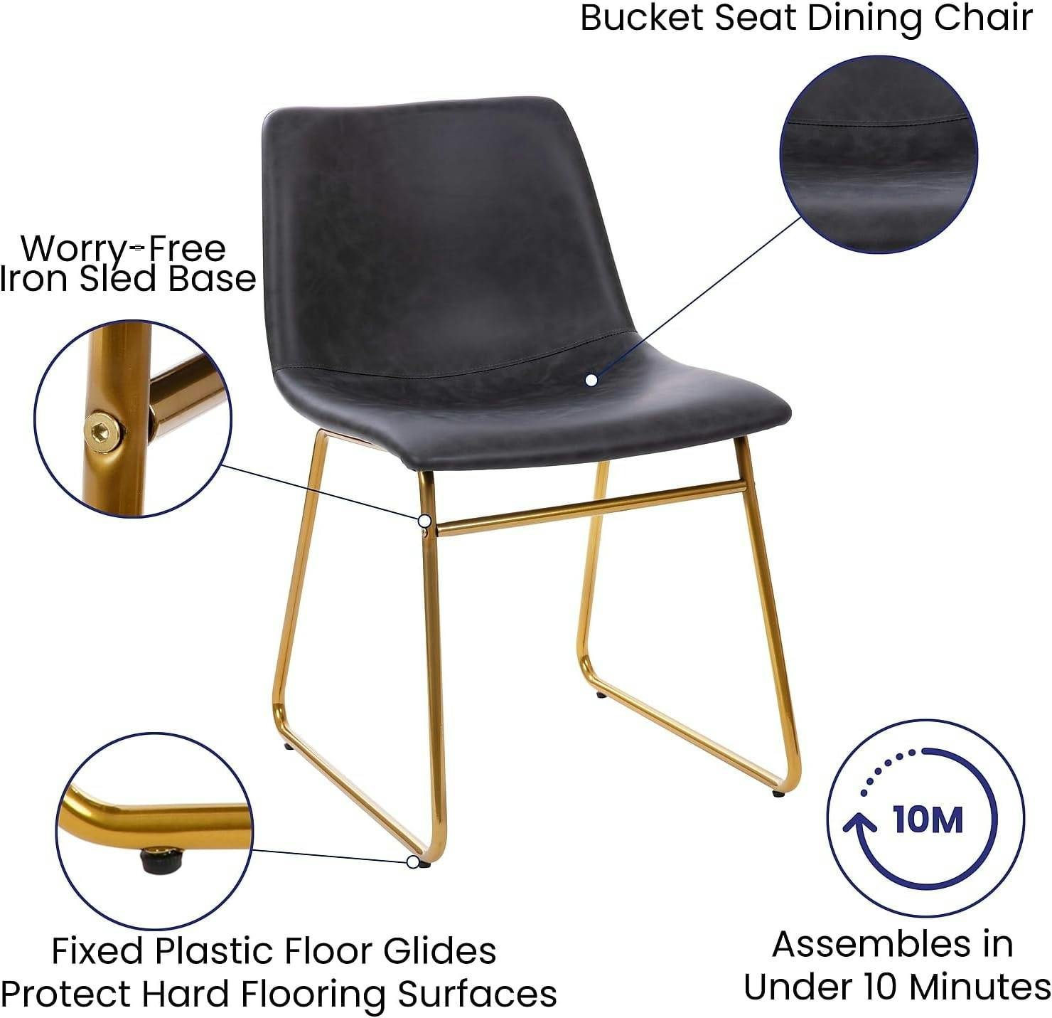 Elegant Dark Gray LeatherSoft 18" Dining Chair with Gold Metal Base, Set of 2