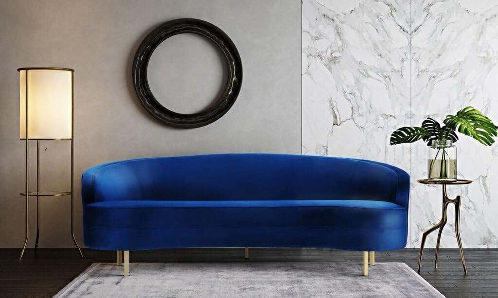 Elegant Navy Velvet Curved Sofa with Gold Stainless Steel Legs