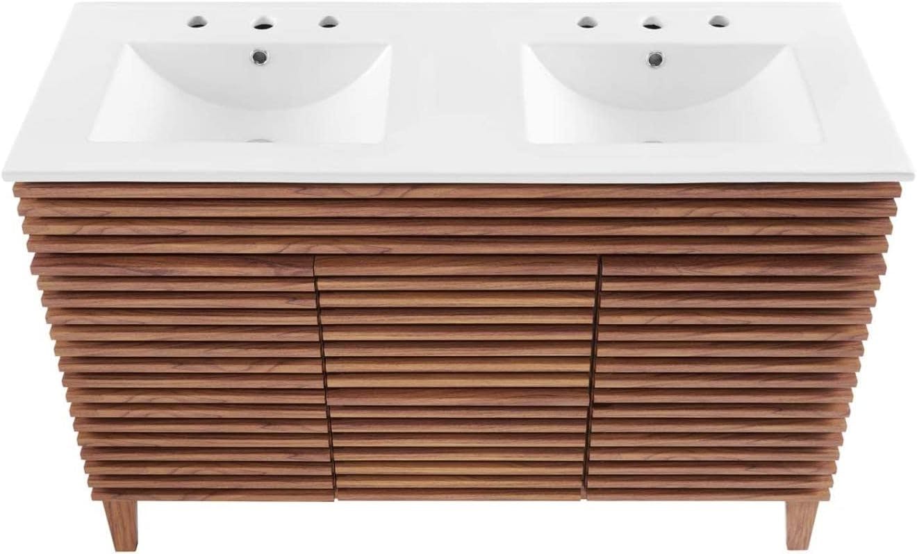 Render 48'' Walnut White Mid-Century Modern Double Sink Vanity