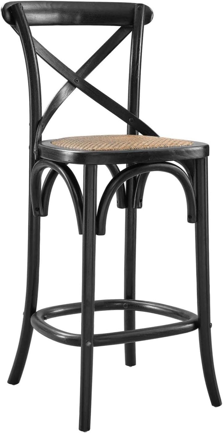 Black Elm Wood Counter Stool with Woven Rattan Seat