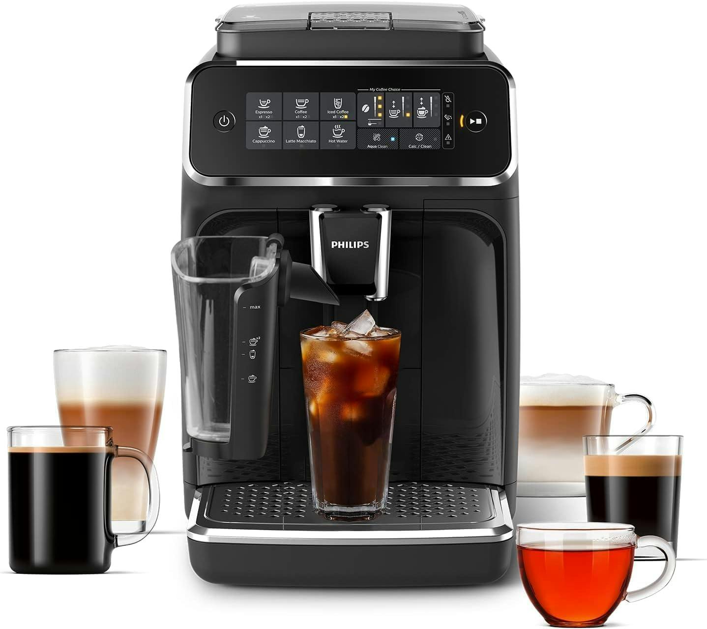 Sleek Black Fully Automatic Espresso Machine with LatteGo & Iced Coffee