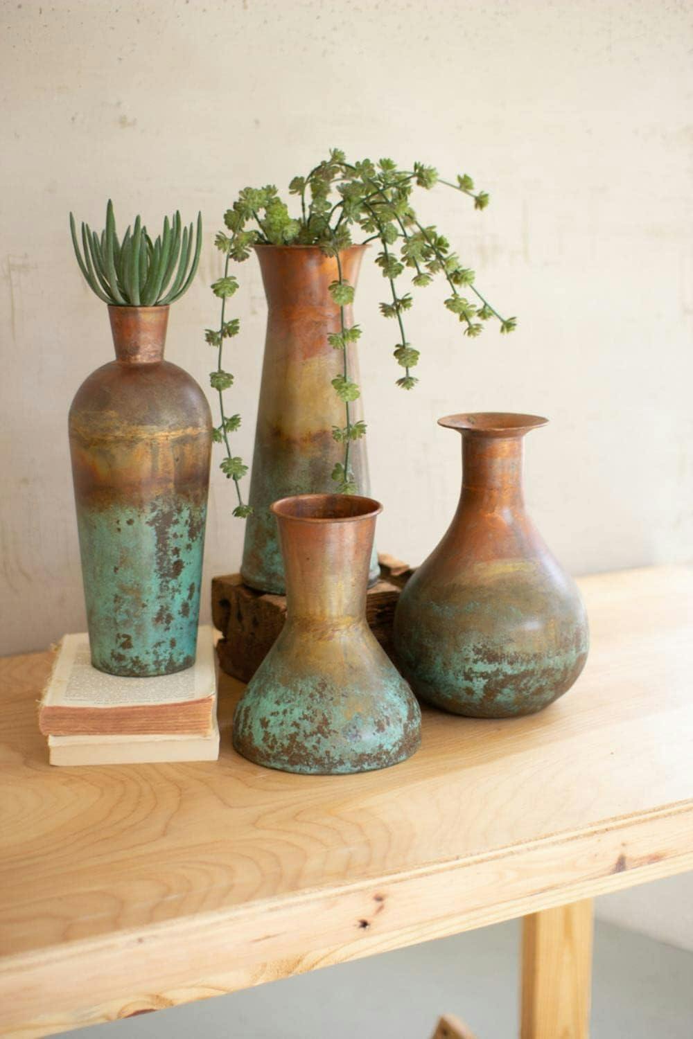 Set of Four Two-Toned Copper and Turquoise Vases