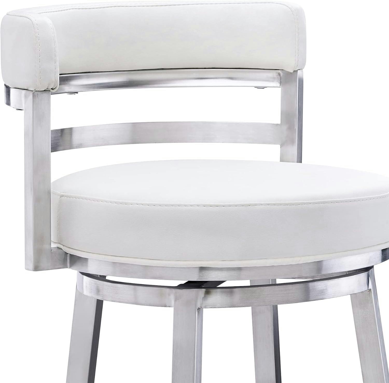 Luxe Swivel 26" White Faux Leather & Brushed Stainless Steel Barstool