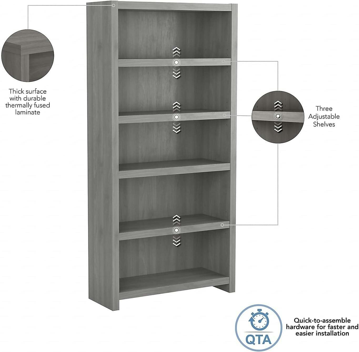 Modern Gray Adjustable 5-Shelf Wooden Bookcase