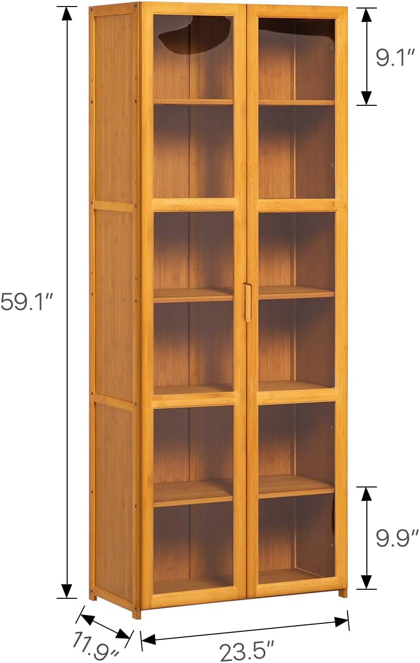 Modern Bamboo 6-Tier Bookcase with Acrylic Doors in Brown