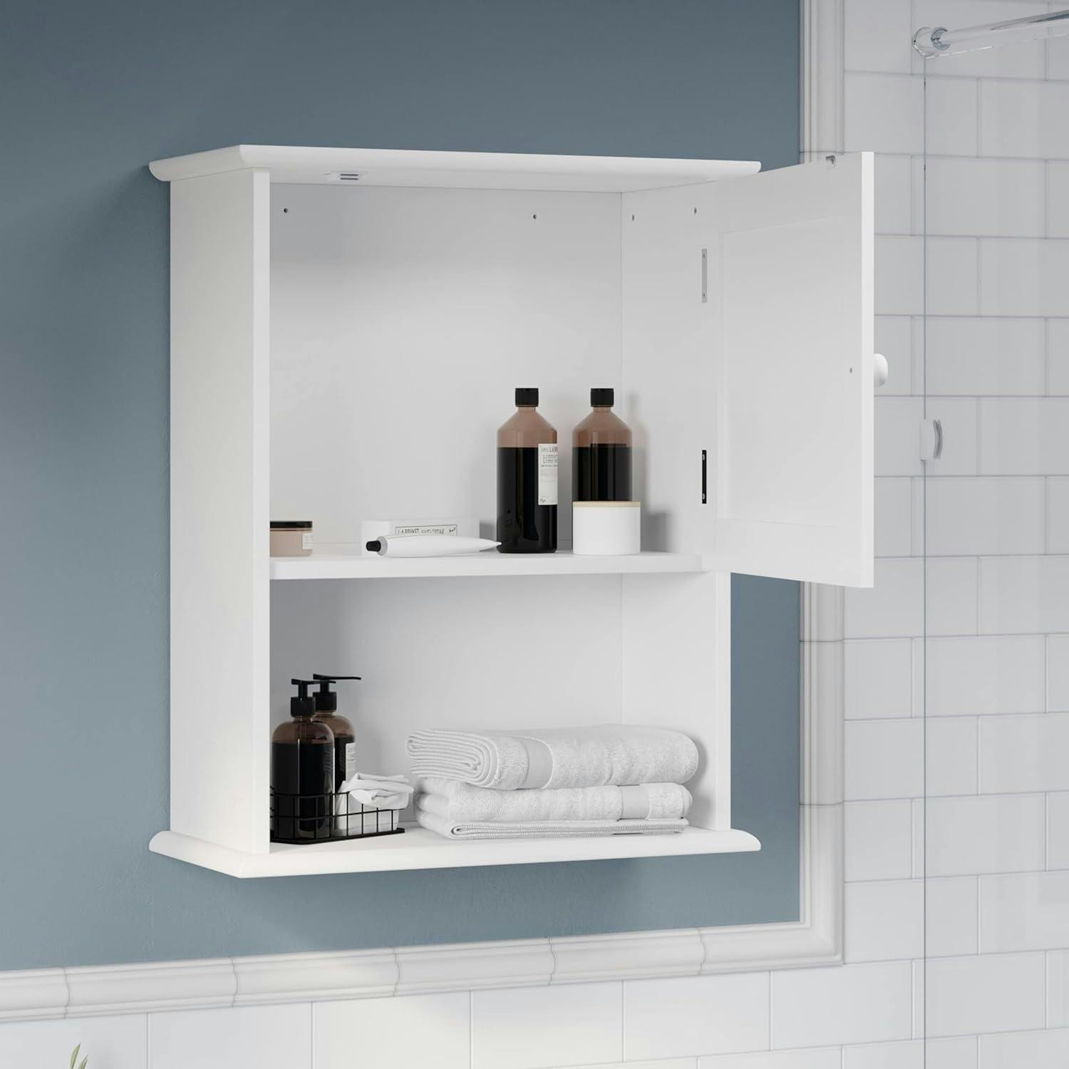 Soft White 23" Wall-Mounted Storage Cabinet with Open Shelf