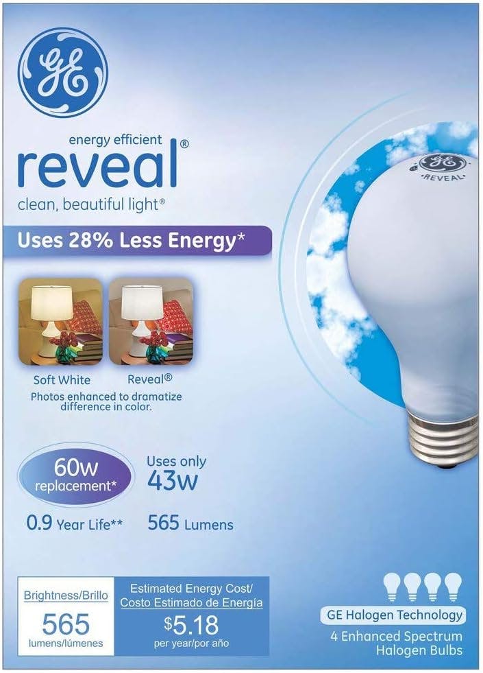 GE Reveal Enhanced Spectrum 43W Clear Halogen Light Bulbs - 4 Pack