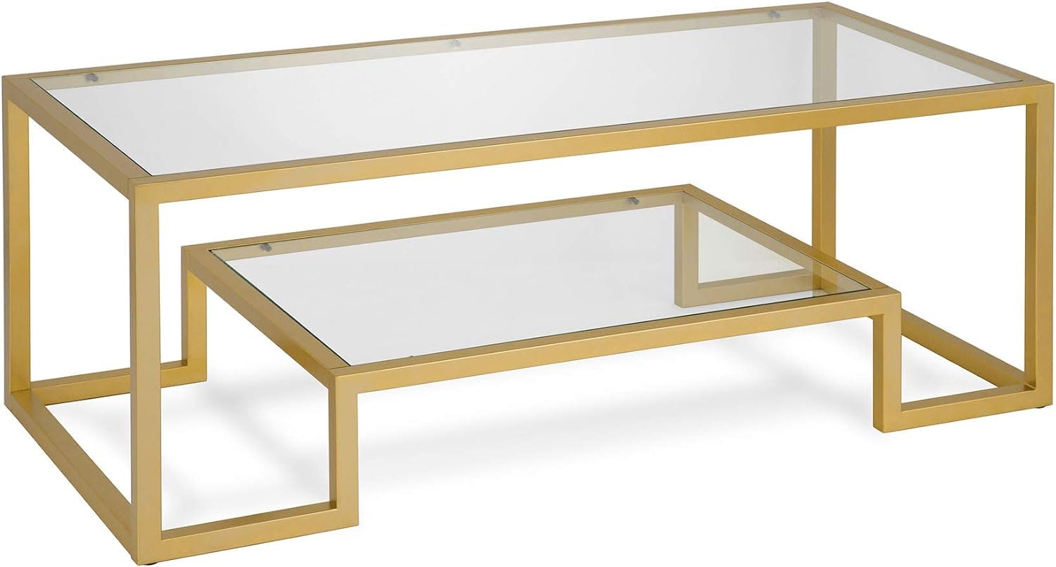 Athena 45" Wide Rectangular Brass & Glass Coffee Table with Shelf