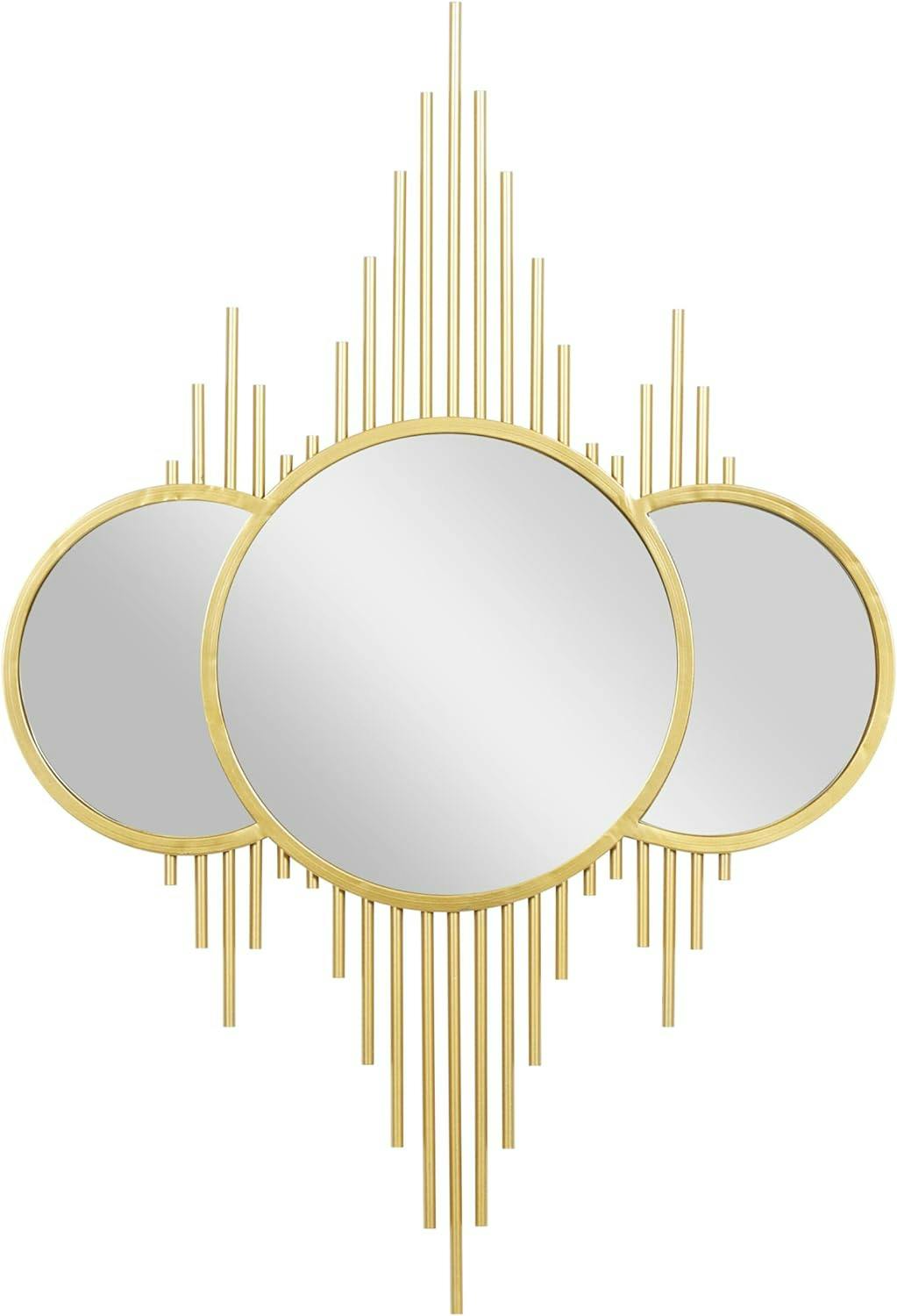 Elegant Sunburst Gold Wall Mirror with Triple Circle Fusion Design, 27" x 39"