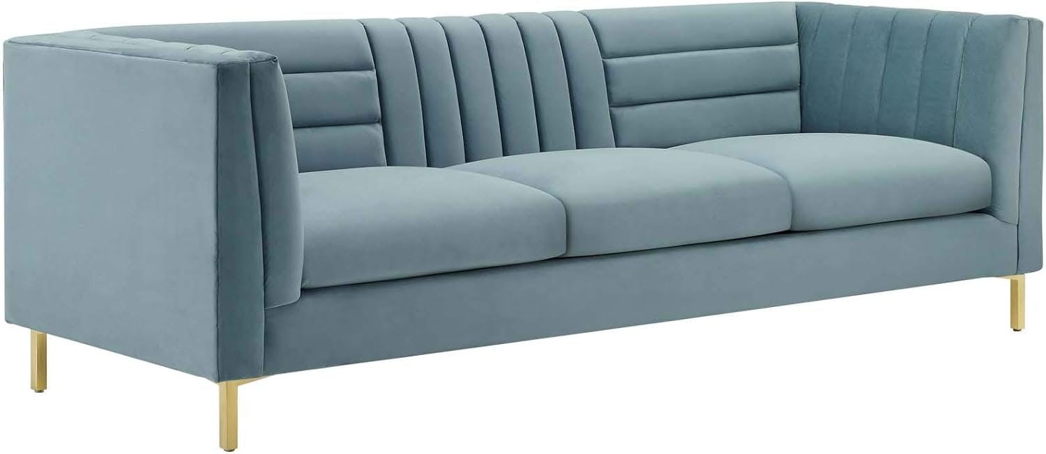 Light Blue Velvet Tufted Sofa with Gold Steel Legs