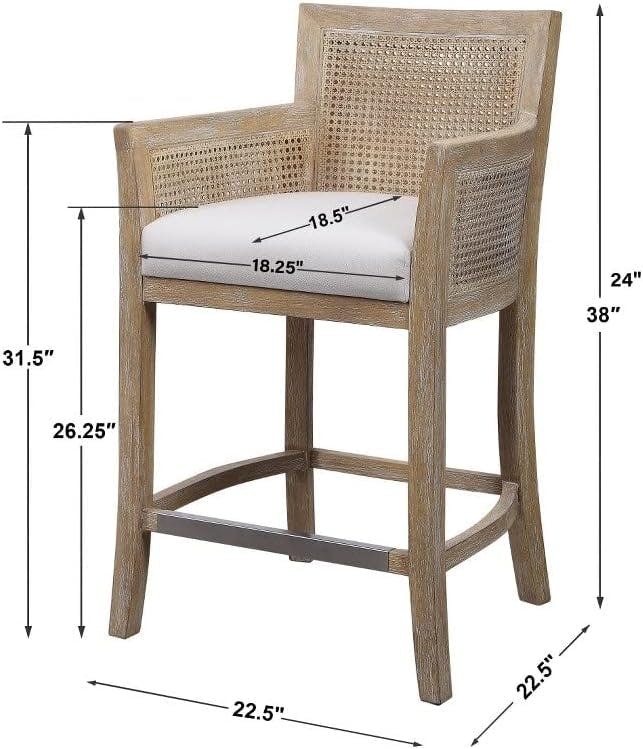 Coastal White Wood and Metal Counter Stool with Off-White Cushion
