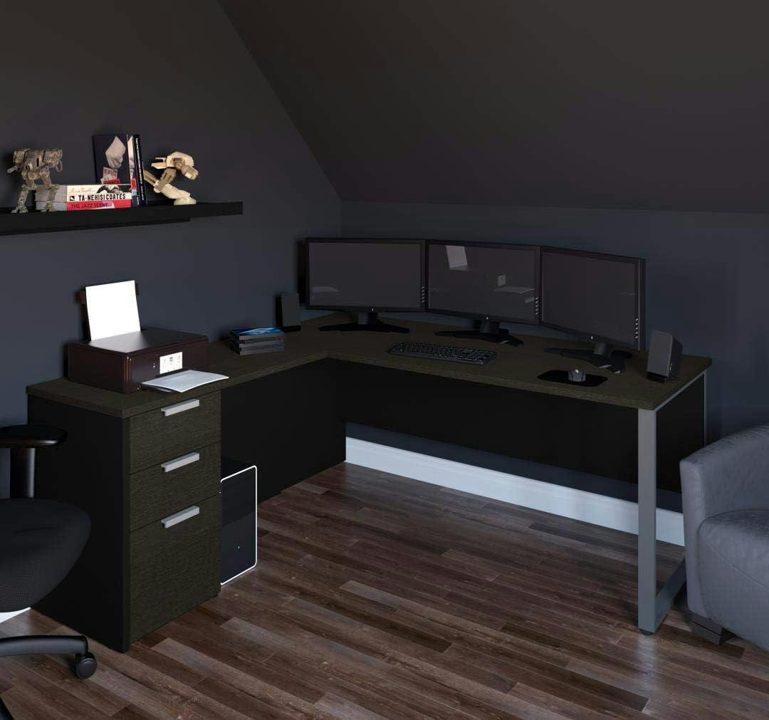 Contemporary Black Wood Corner Office Desk with Filing Cabinet