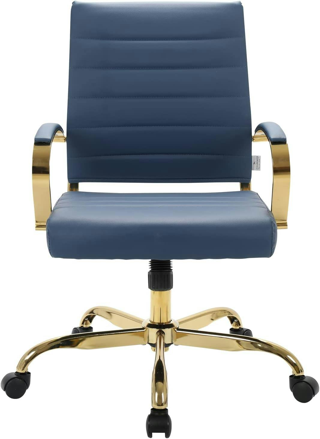 Navy Blue Mid-Century Modern Swivel Leather Office Chair with Gold Metal Frame