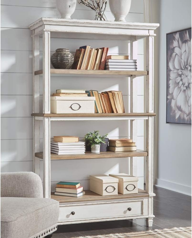 Chipped White & Distressed Wood Rustic Bookcase with Drawer