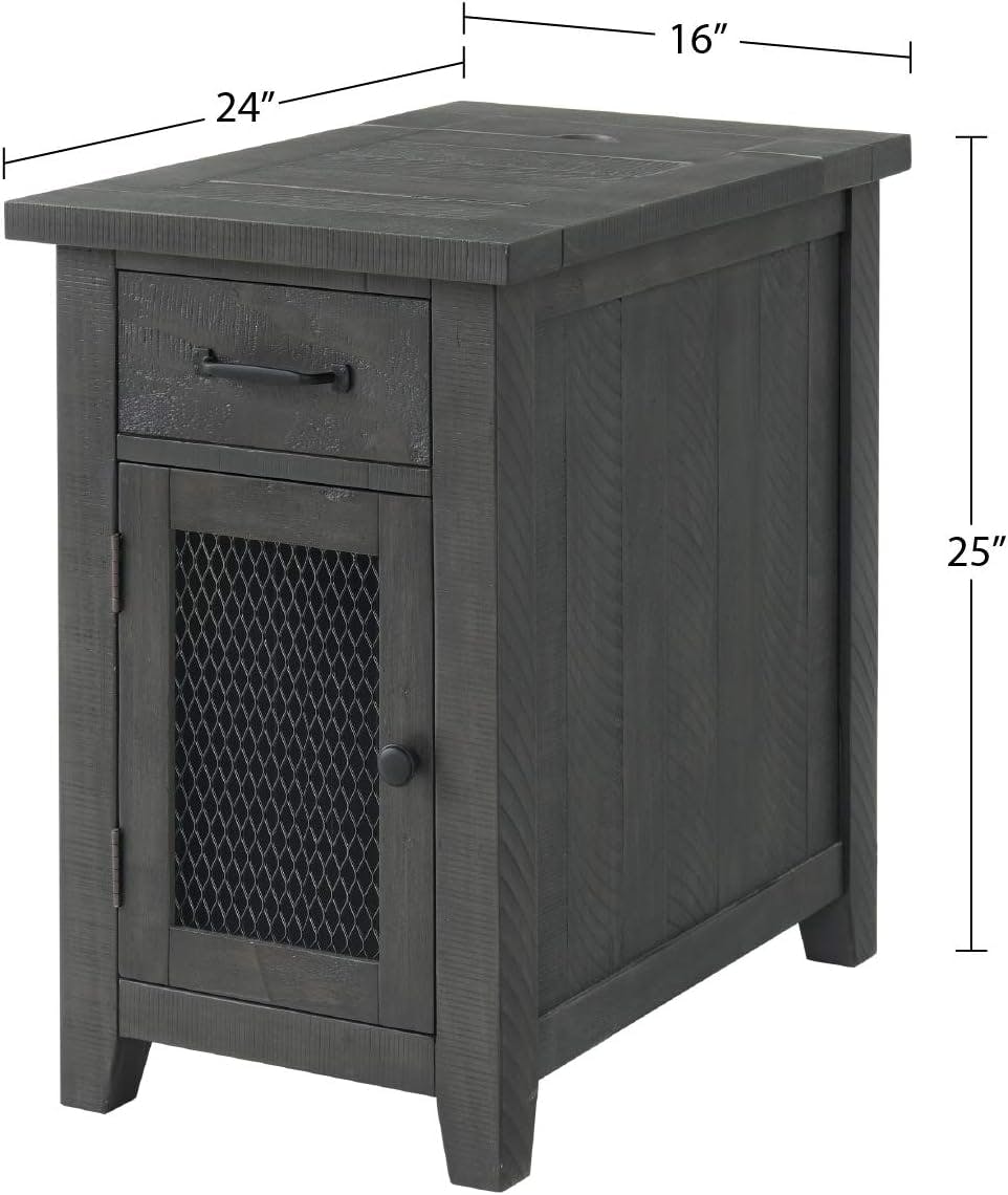 Rustic Gray Pine Chairside Table with Power Outlets and USB Ports