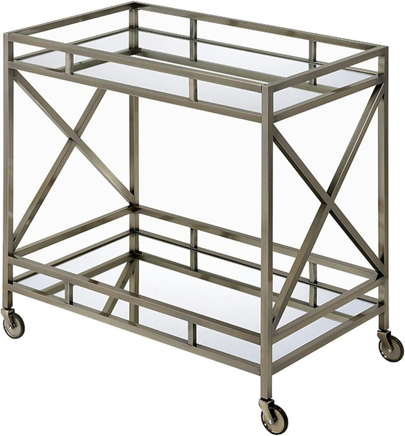 Elegant Silver Metal and Glass Rectangular Serving Cart with Wine Storage