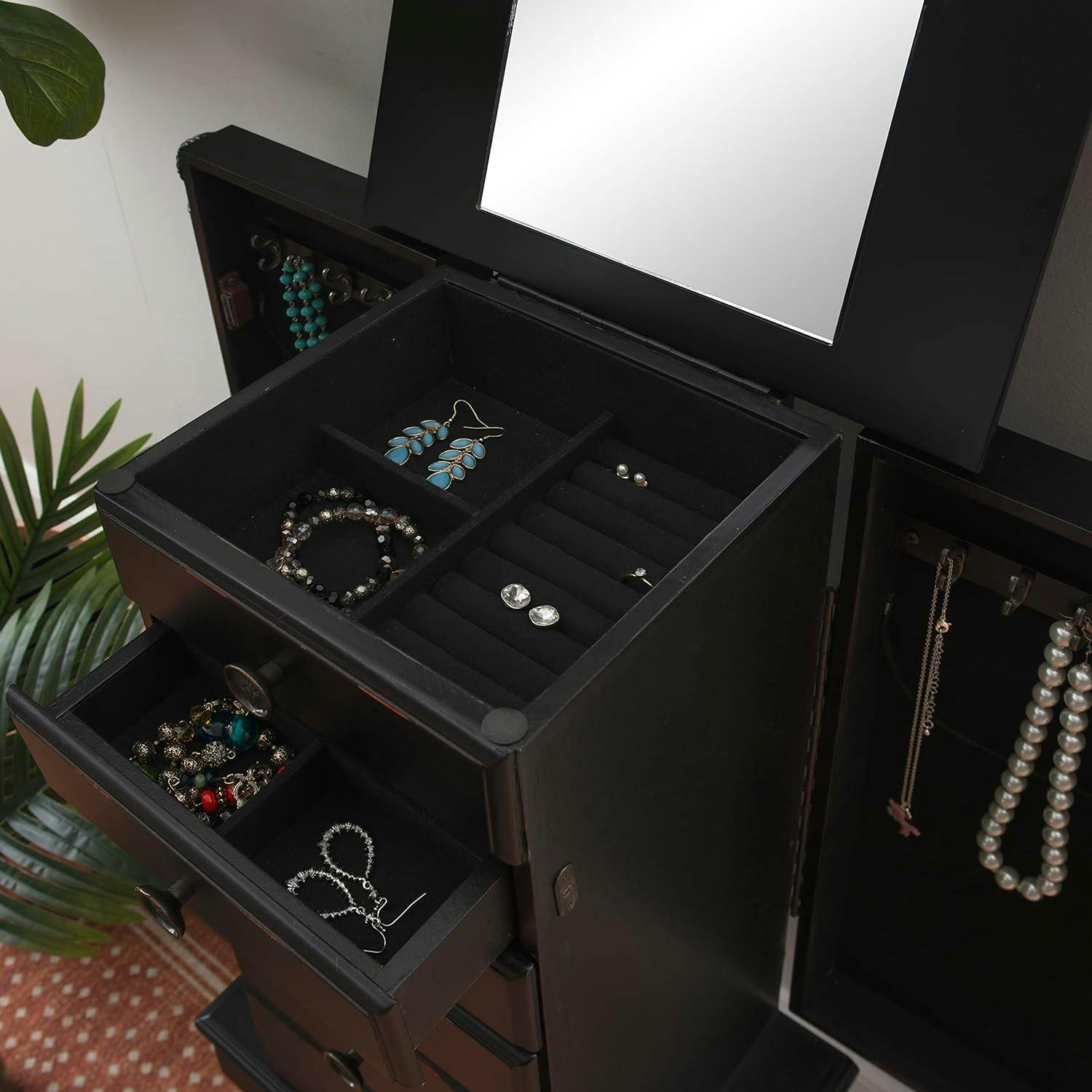 Petite Ebony Black Jewelry Armoire with Mirror and Plush Lining