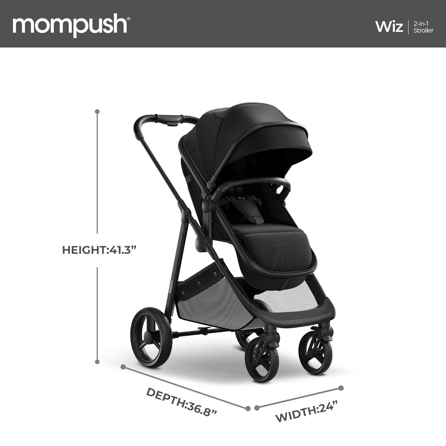 Mompush Wiz 2-in-1 Foldable Stroller with Bassinet Mode - Black