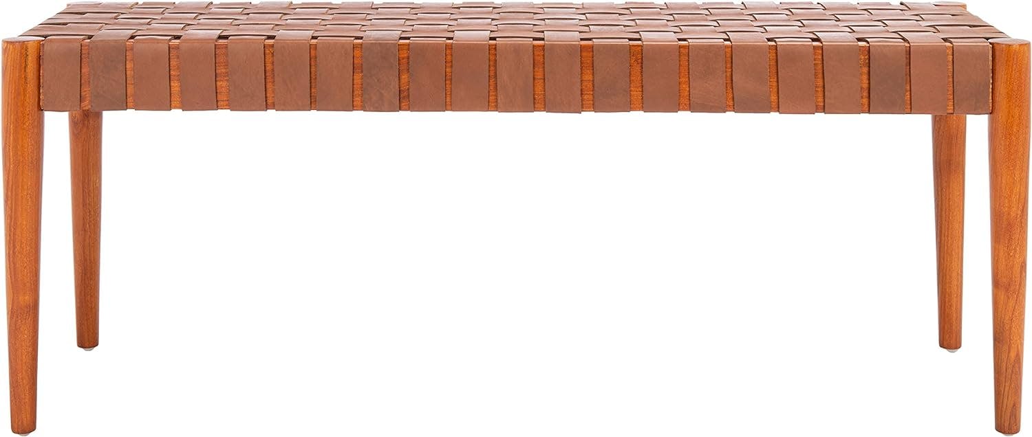 Amalia 47'' Cognac Leather and Dark Brown Mindi Wood Bench