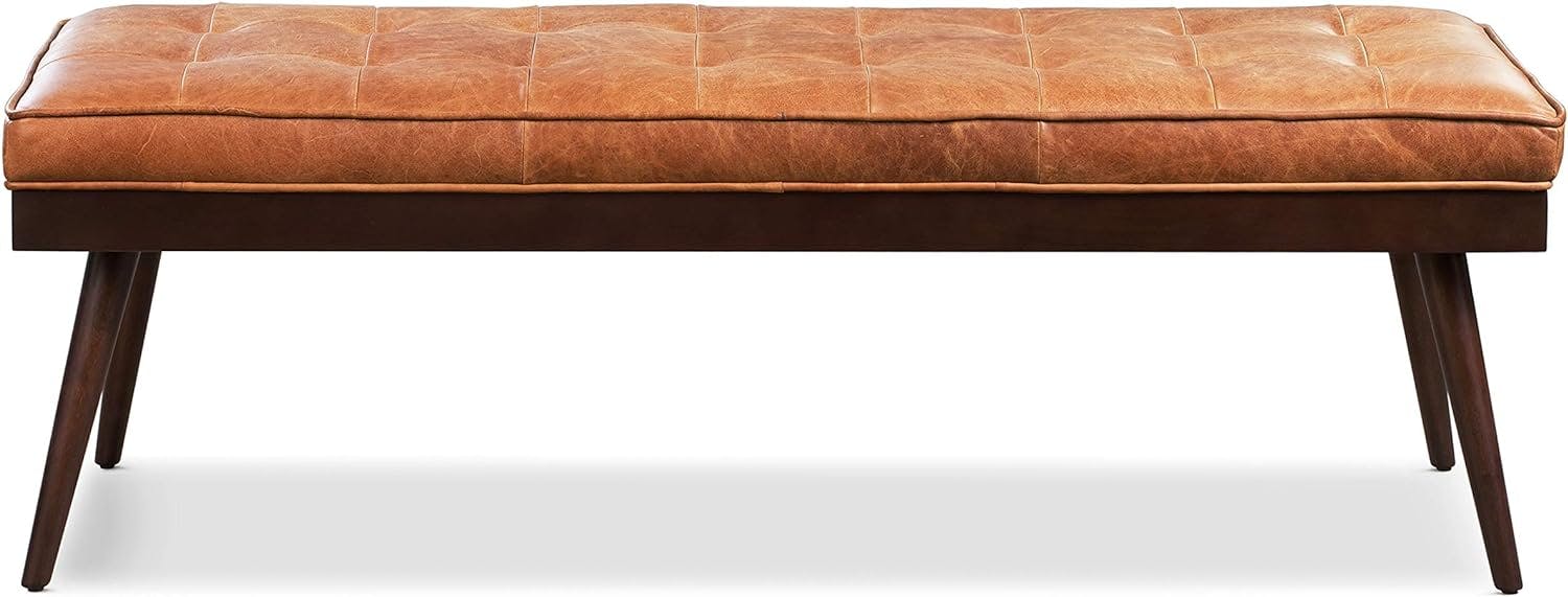 Luca 55" Cognac Tan Full-Grain Leather Bench with Mahogany Legs