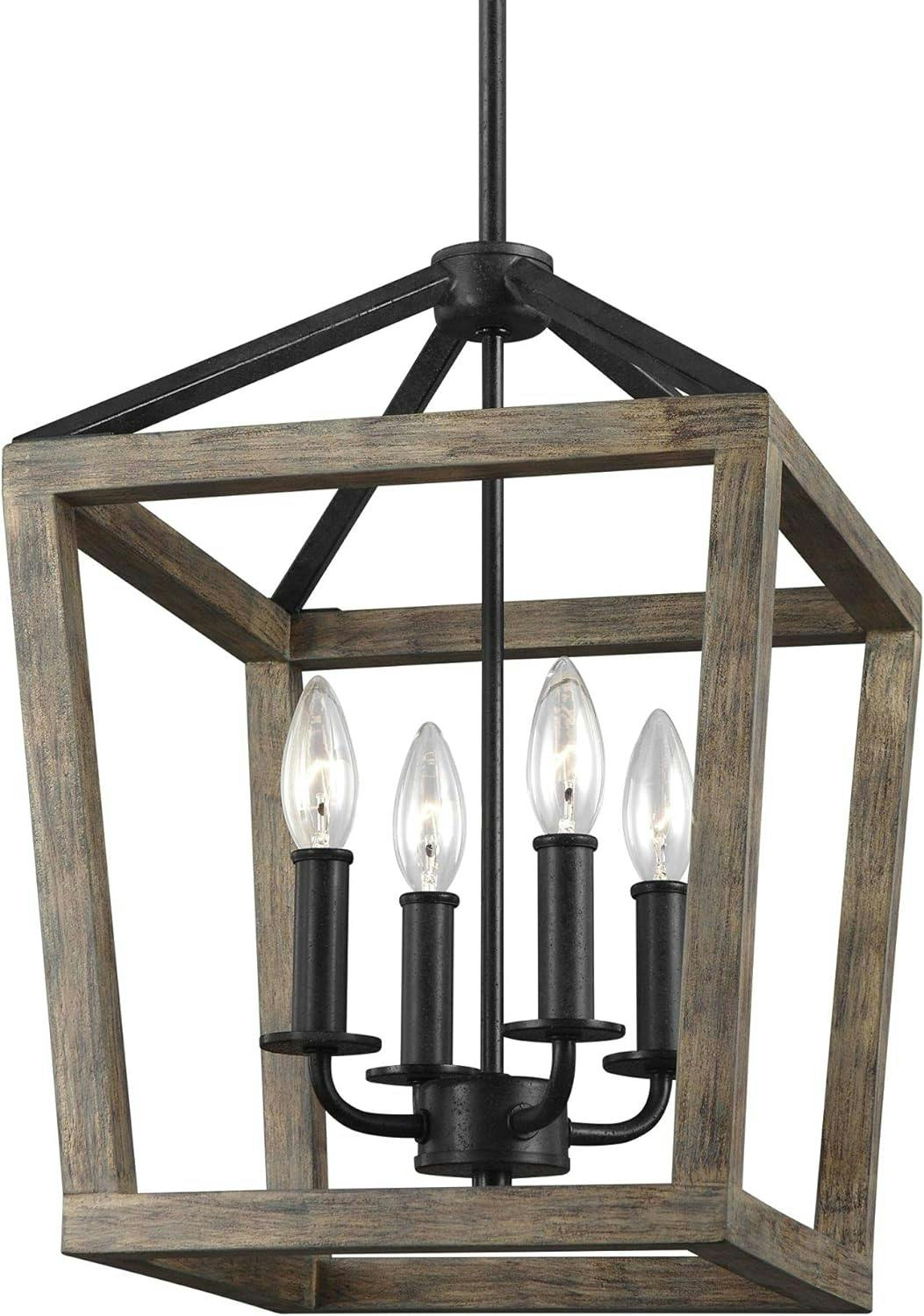 Mini Brass Cage Chandelier with Weathered Oak & Forged Iron