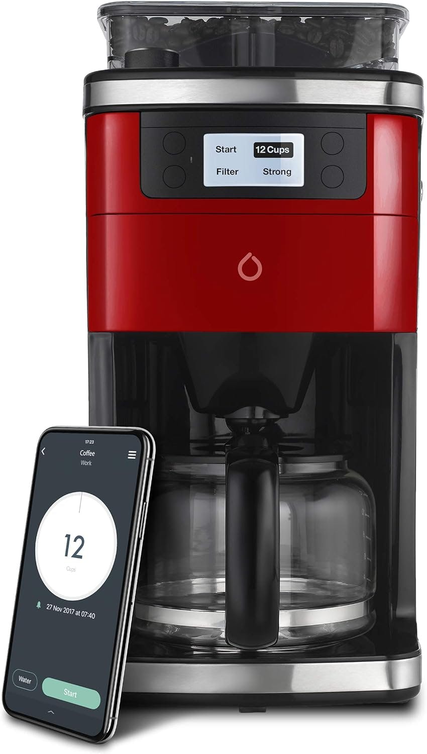 Smart 12-Cup Black Glass Carafe Coffee Maker with Grinder & App Control