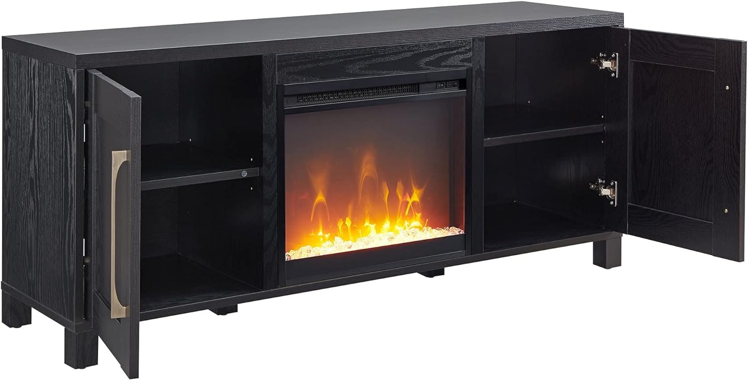 Chabot 58" Black Grain TV Stand with Crystal Fireplace and Cabinet