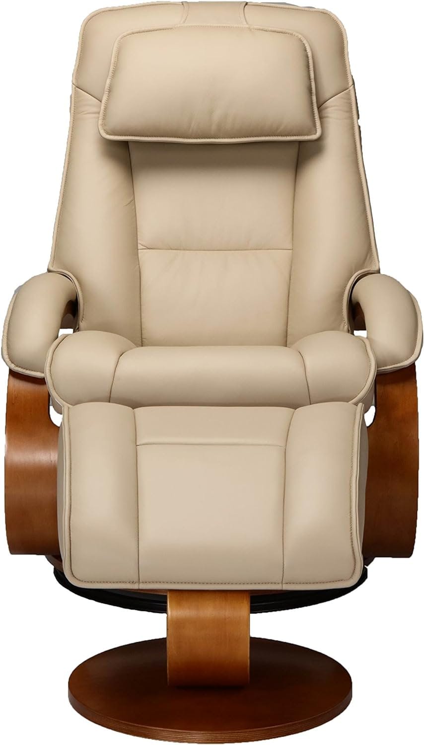 Transitional Gray Leather Swivel Recliner with Walnut Wood Base