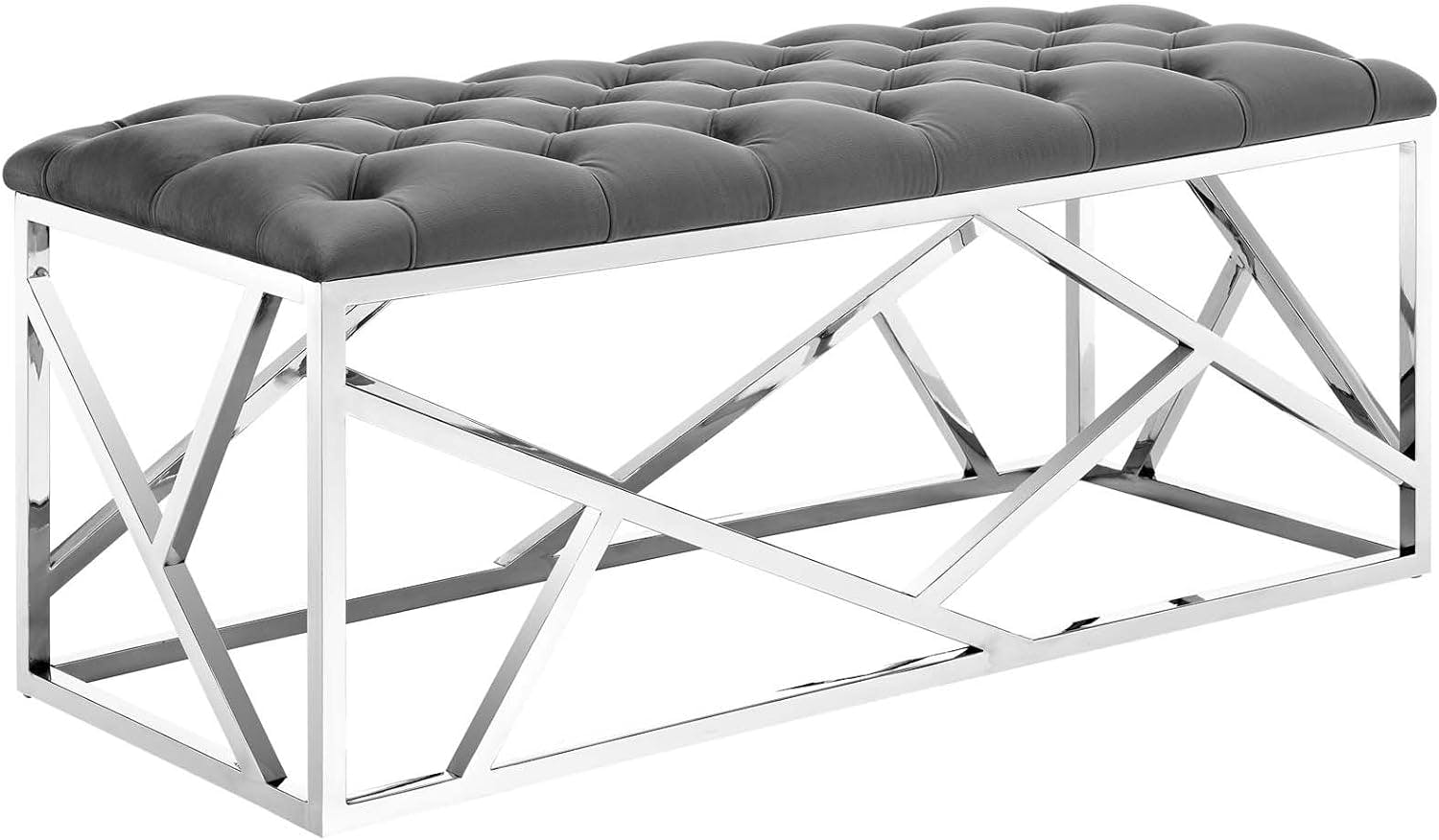 Elegance Luxe Silver Gray Tufted Velvet Bench with Stainless Steel Base