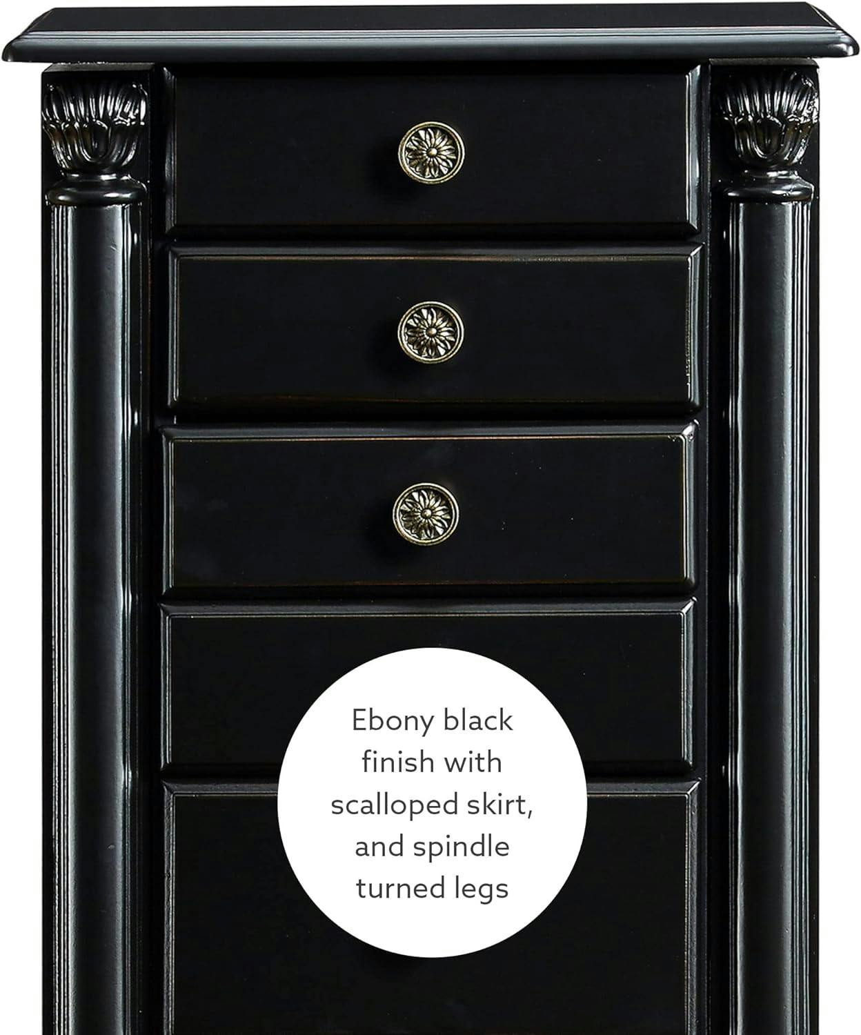 Petite Ebony Black Jewelry Armoire with Mirror and Plush Lining