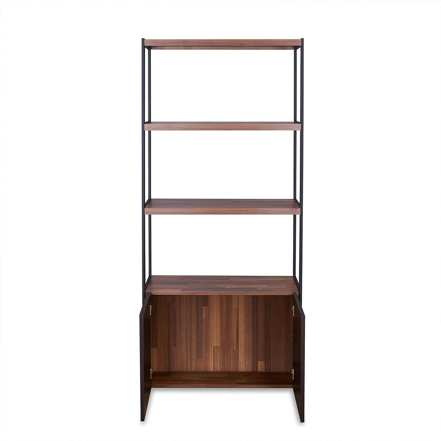Modern Black Wood Bookcase with Faux Leather Doors, 32"x70"
