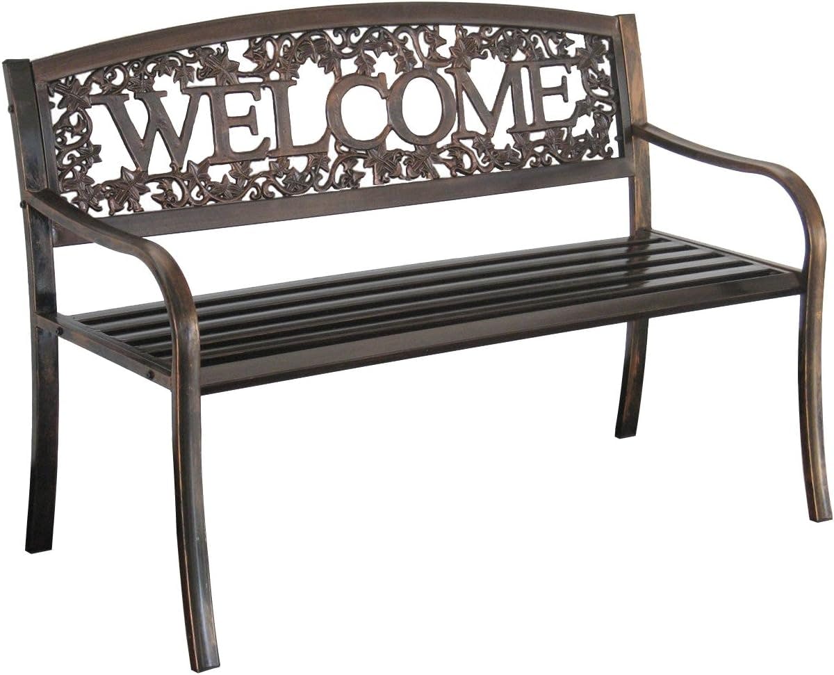 Bronze Steel 50.5" Outdoor Welcome Bench with Ivy Design