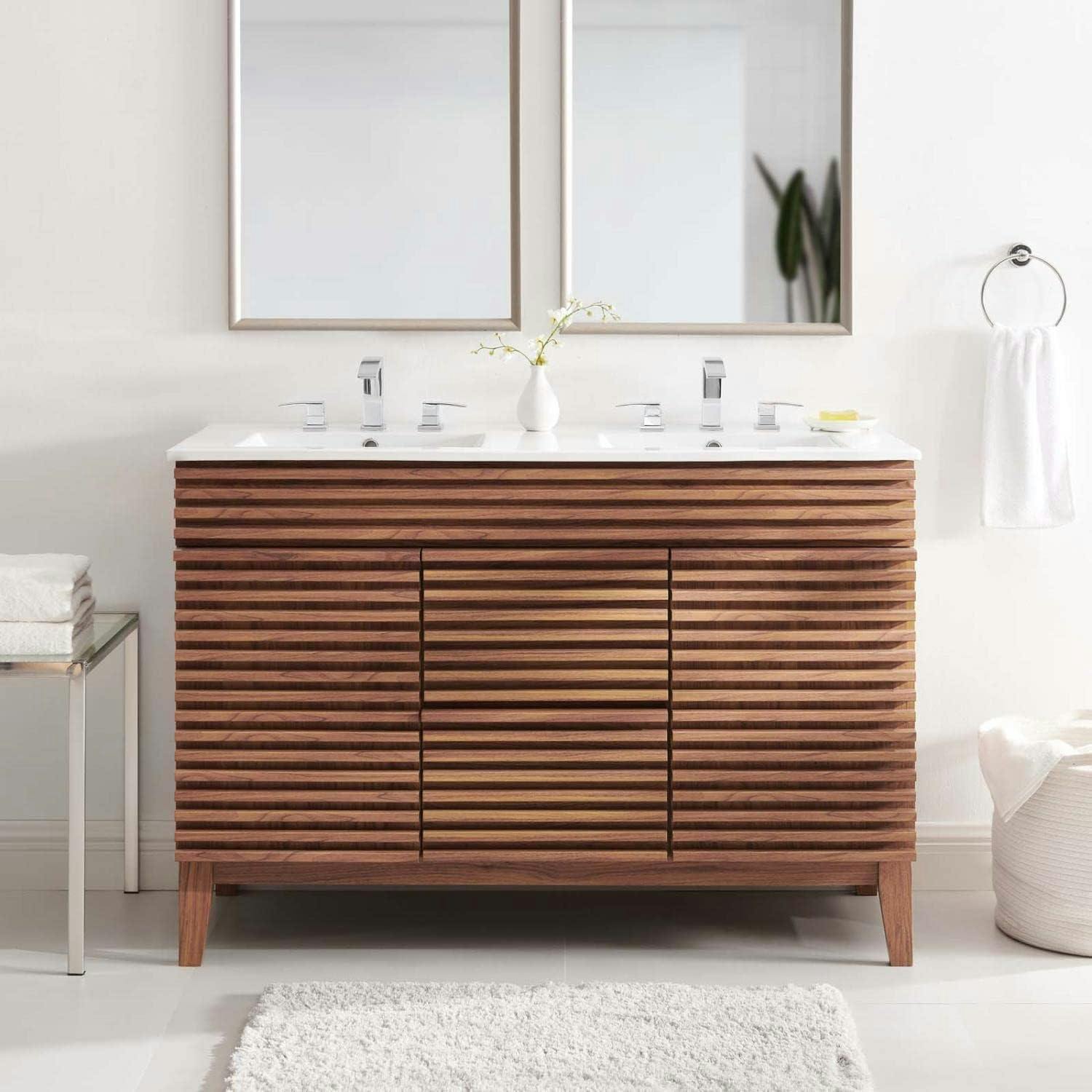 Render 48'' Walnut White Mid-Century Modern Double Sink Vanity