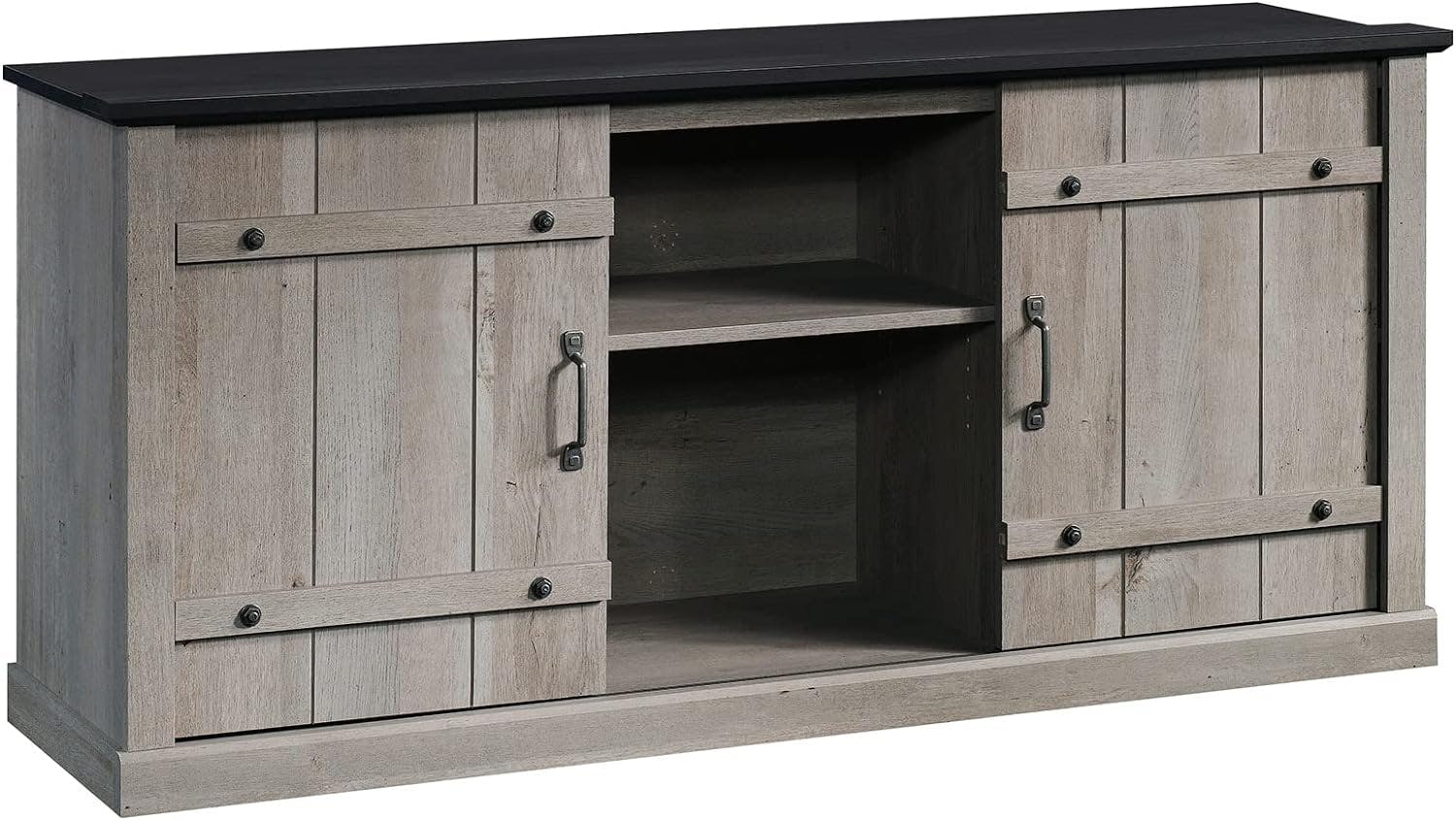 Mystic Oak and Raven Black 70" Farmhouse TV Stand with Barn Doors