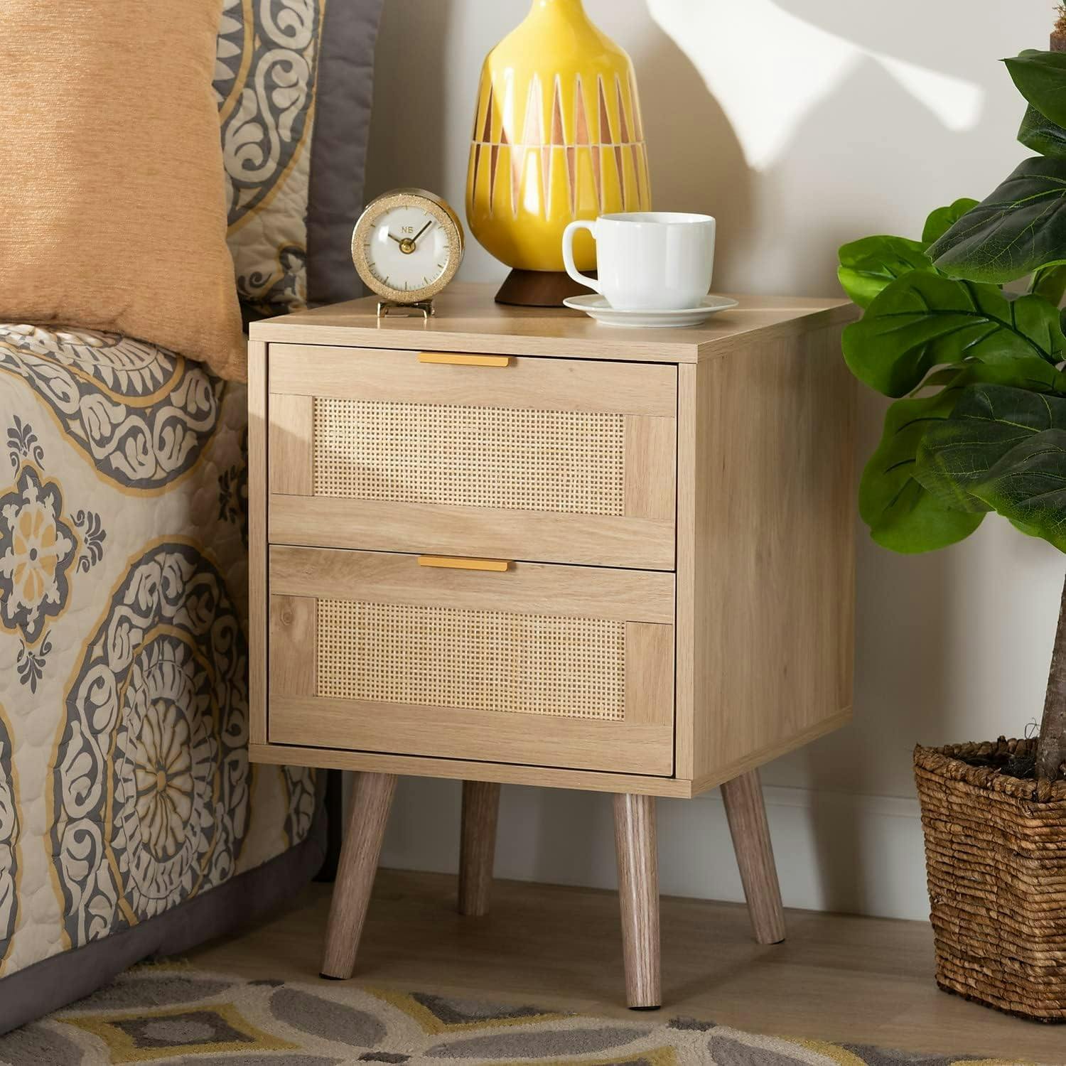 Light Oak Brown 16" Wood and Rattan Nightstand with Gold-Tone Handles