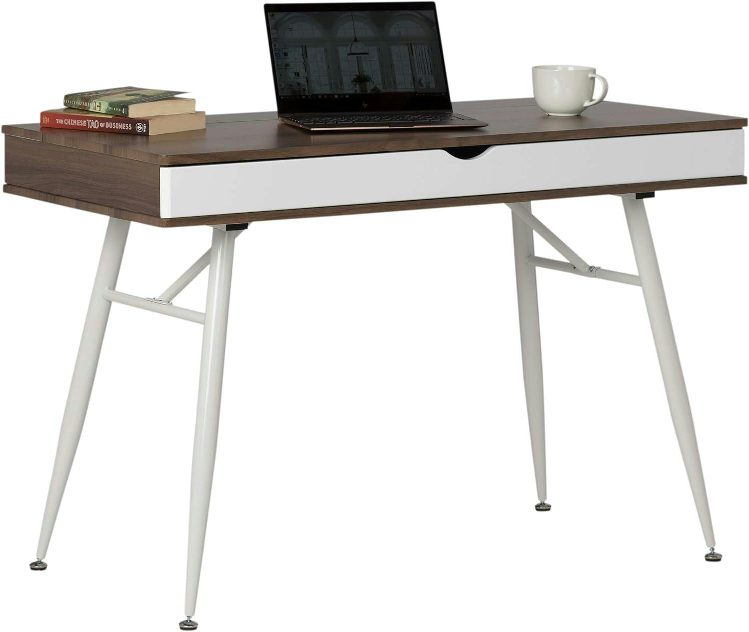 Mid-Century Modern White/Chestnut Writing Desk with Split Drawer