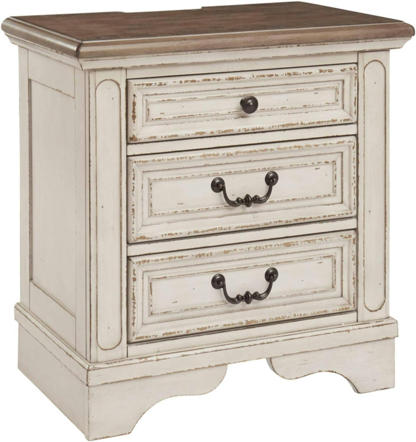 Chipped White & Distressed Wood 3-Drawer Nightstand with USB Ports