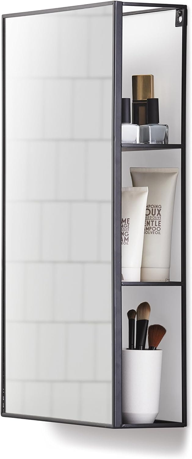 Cubiko 24"x12" Black Metal Wall Mirror with Hidden Shelves