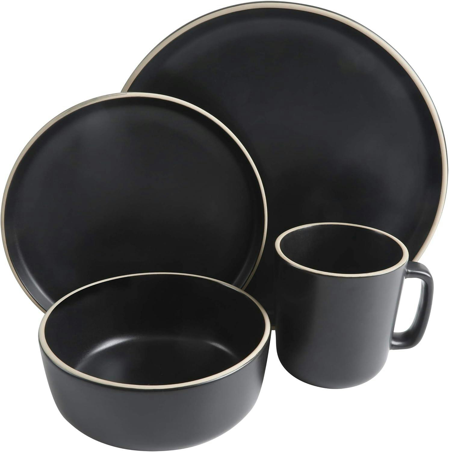 Zuma Matte Black 16-Piece Modern Ceramic Dinnerware Set, Service for 4
