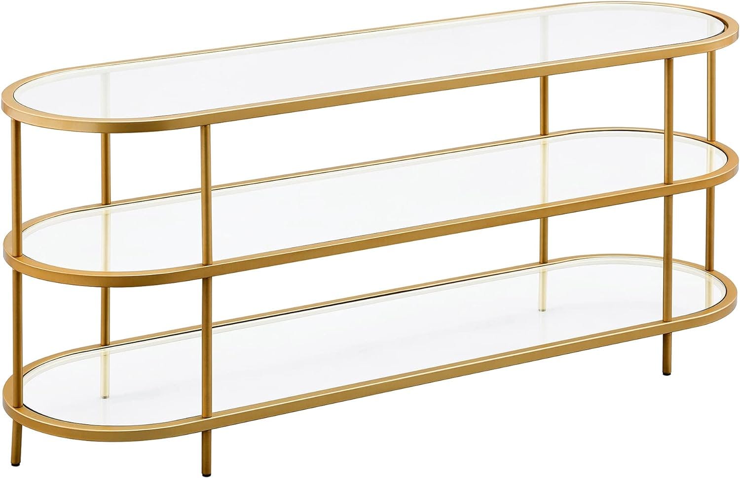 Modern Brass Oval TV Stand with Tempered Glass Shelves