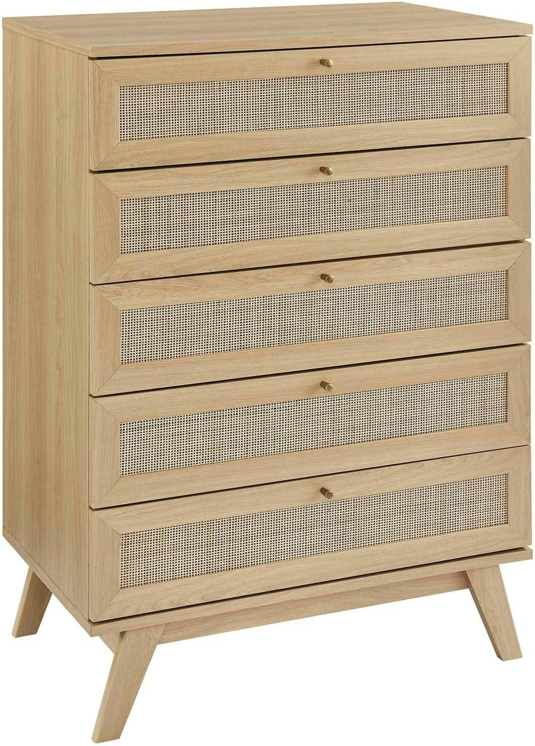 Soma Oak 5-Drawer Chest with Rattan Weave and Splayed Legs