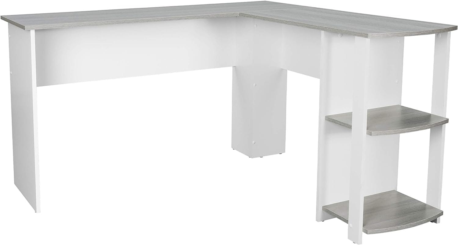 Modern Gray L-Shaped Home Office Desk with Side Storage Shelves