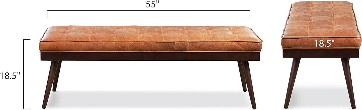Luca 55" Cognac Tan Full-Grain Leather Bench with Mahogany Legs