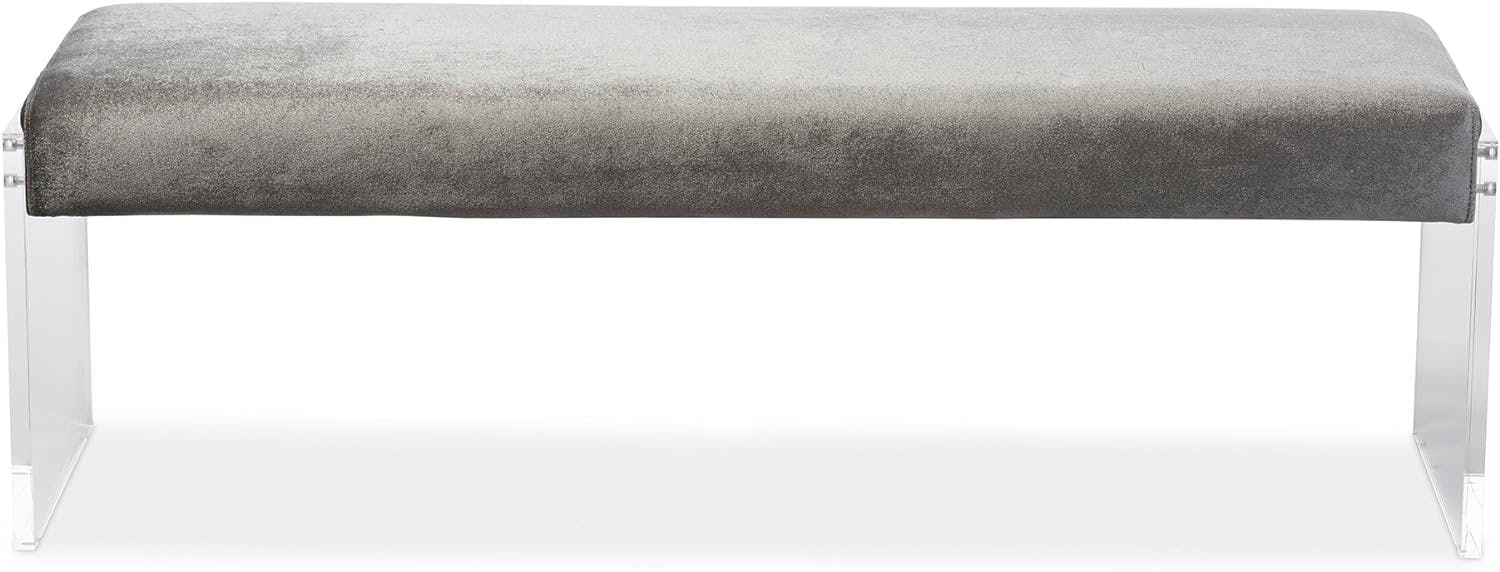 Hildon Grey Microsuede Upholstered Bench with Acrylic Legs