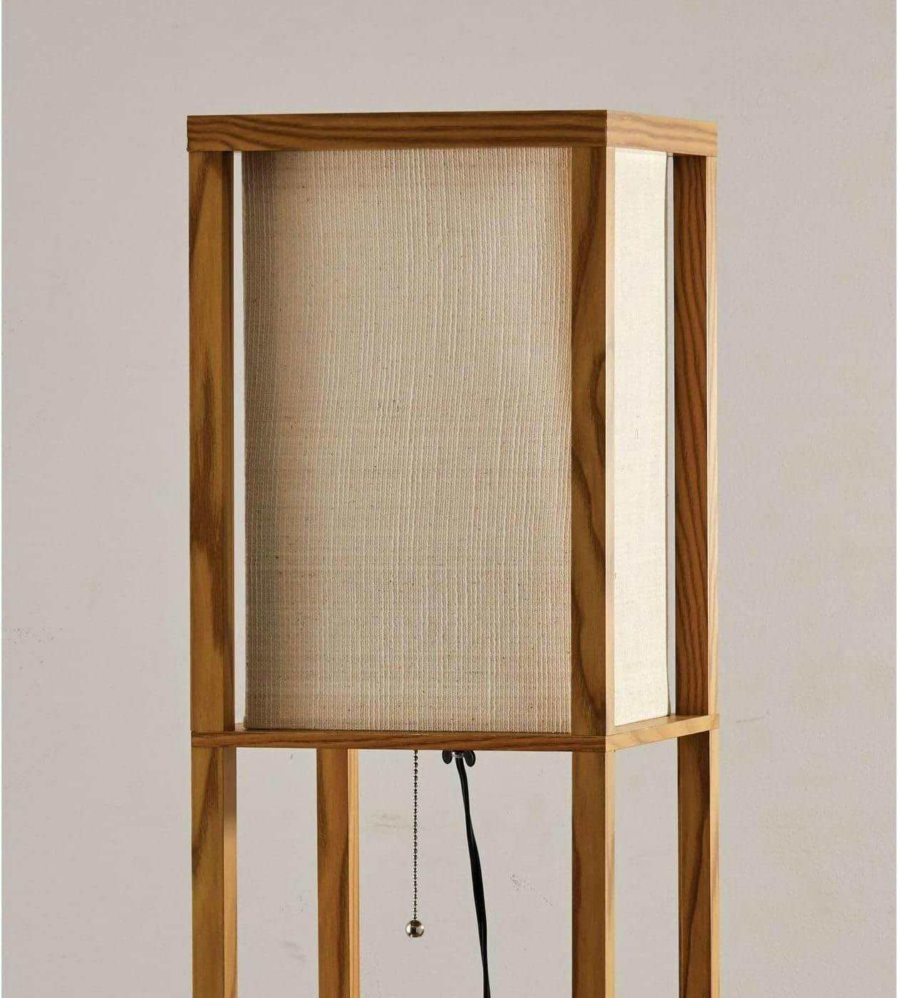Natural Wood Veneer 63'' Floor Lamp with Textured Shade and Shelves
