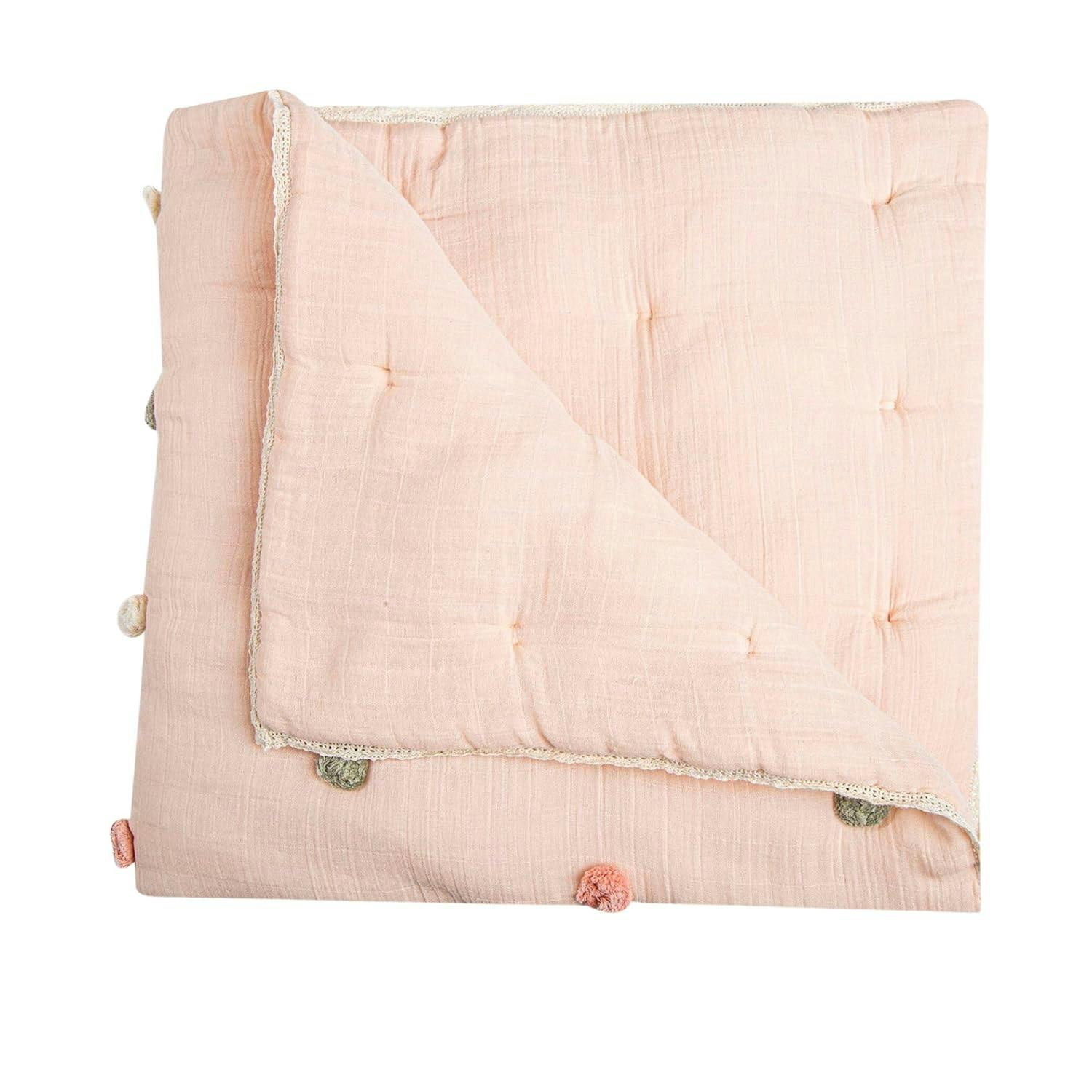 Parker Rose Light Pink Cotton Muslin Baby Blanket with Pom Poms