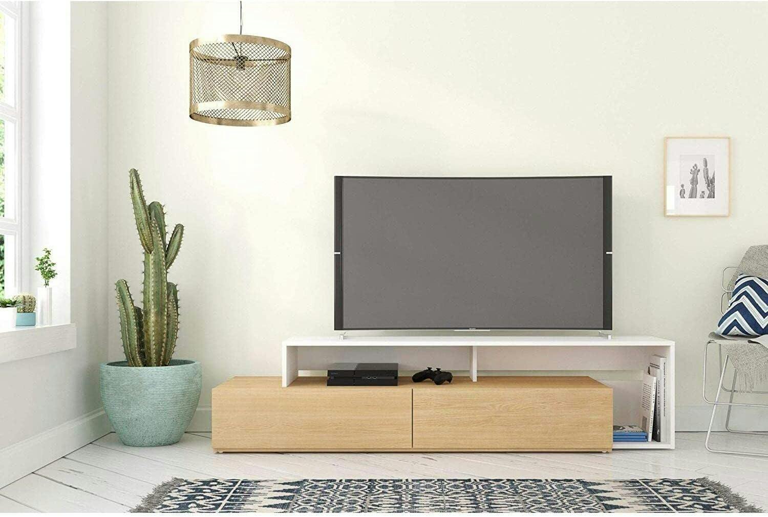 Tonik 72-Inch Modern Scandinavian White and Natural Maple TV Stand