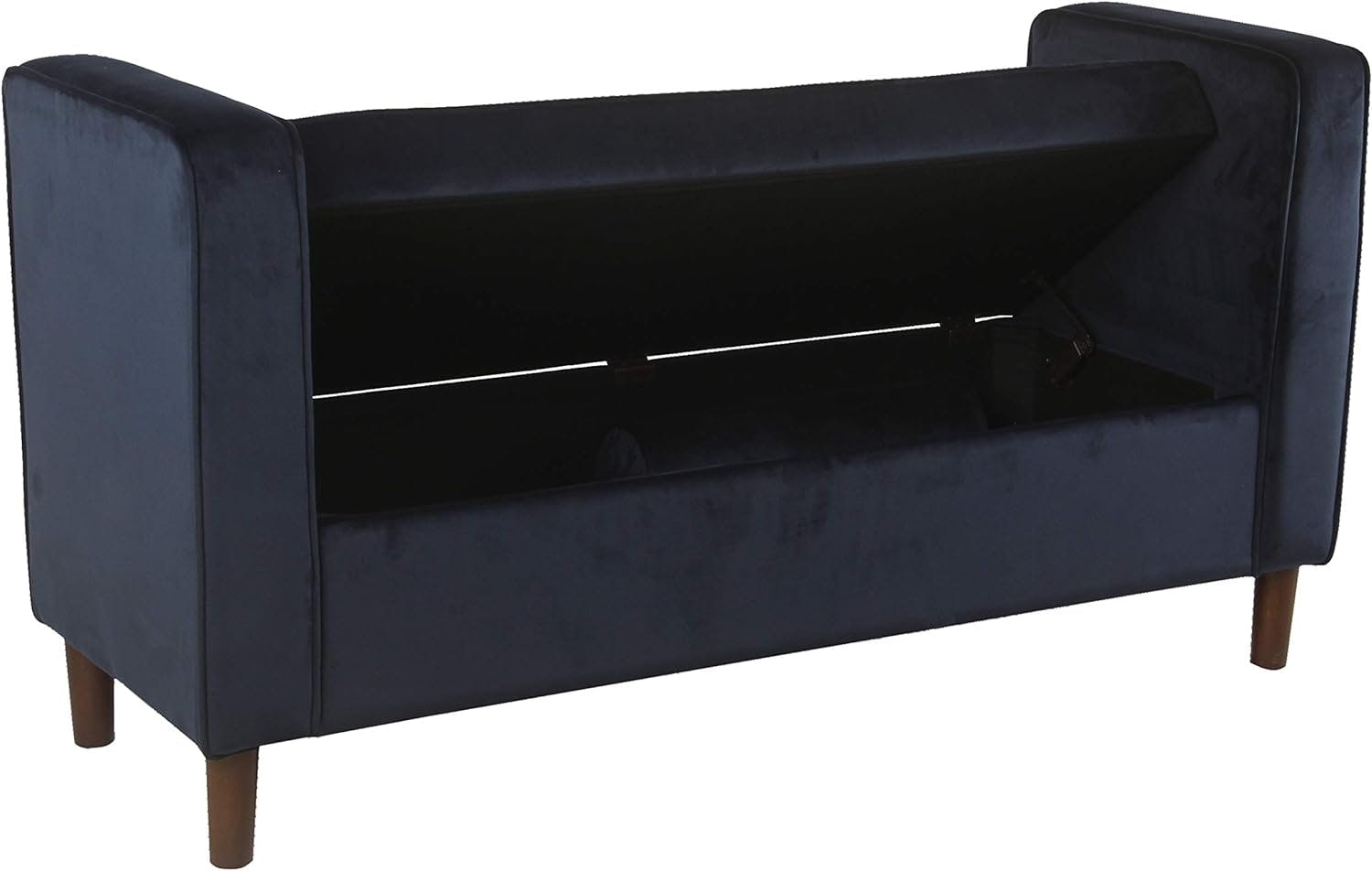 Mid-Century Dark Navy Velvet Storage Bench with Bolster Pillows