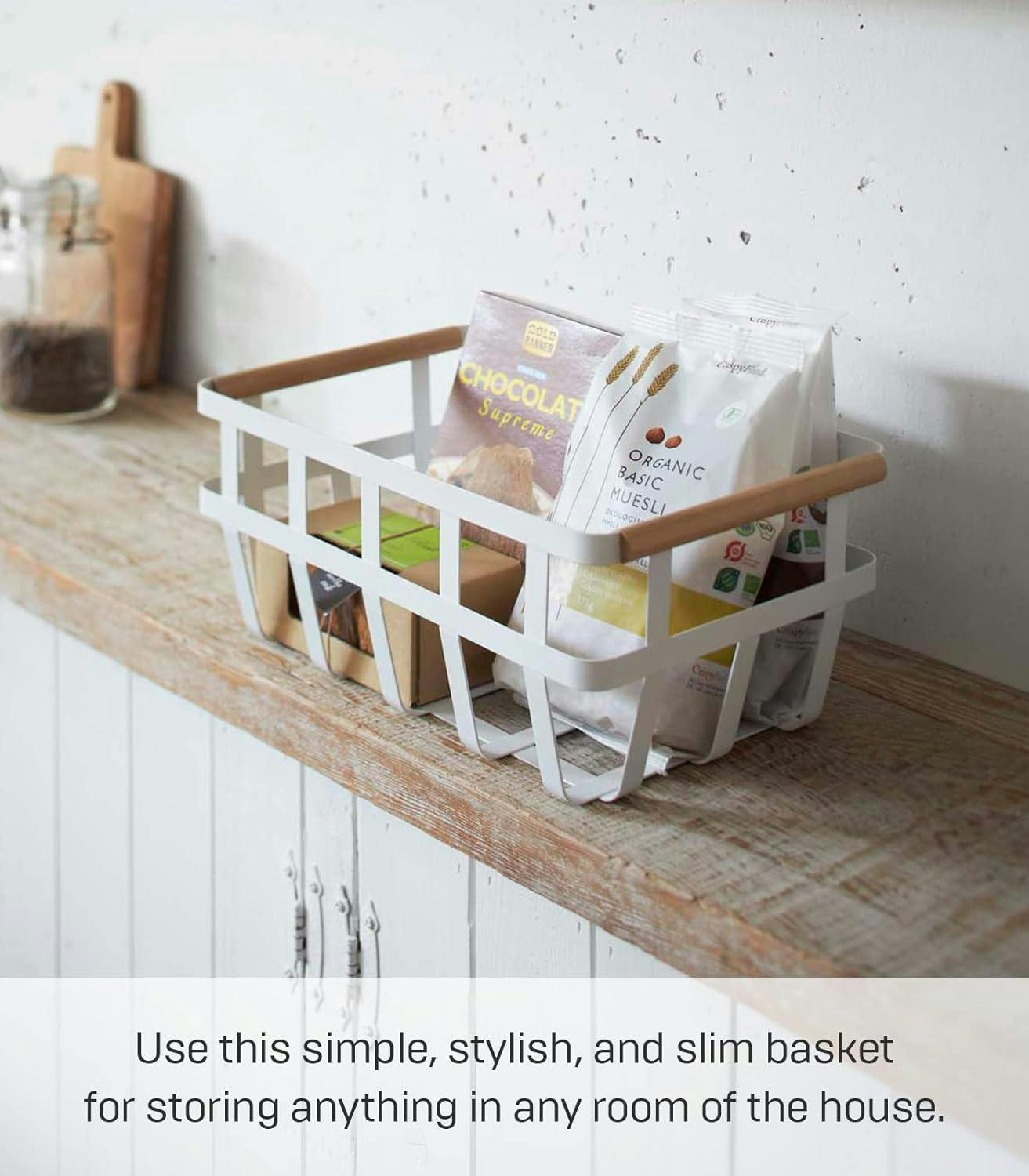 Tosca White Steel and Natural Wood Dual-Handle Storage Basket