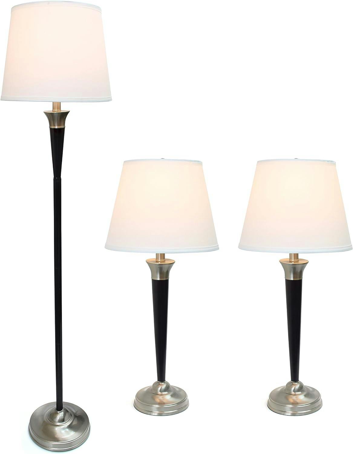 Malbec Black and Brushed Nickel 3-Piece Lamp Set with Cream Shades